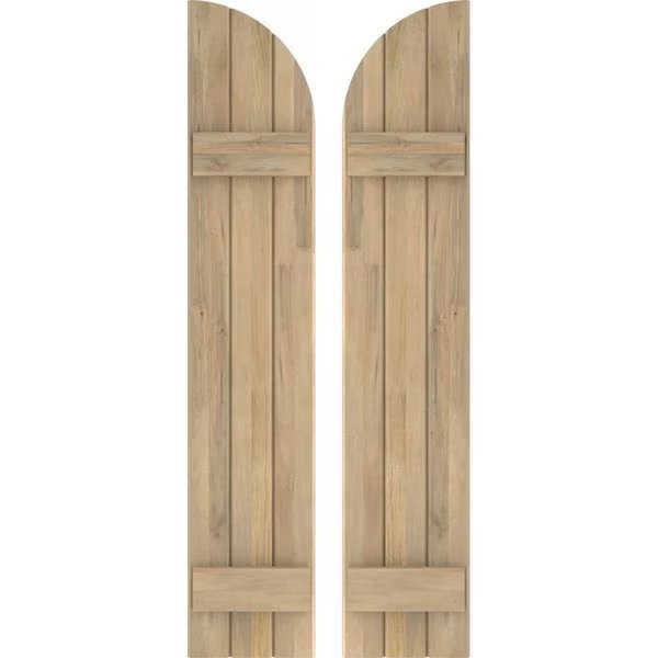 Americraft 3-Board (2 Batten) Wood Joined Board-n-Batten Shutters w/ Arch Top, ARW101BQ311X68UNH, Ekena Millwork, Mfr#: ARW101BQ311X68UNH